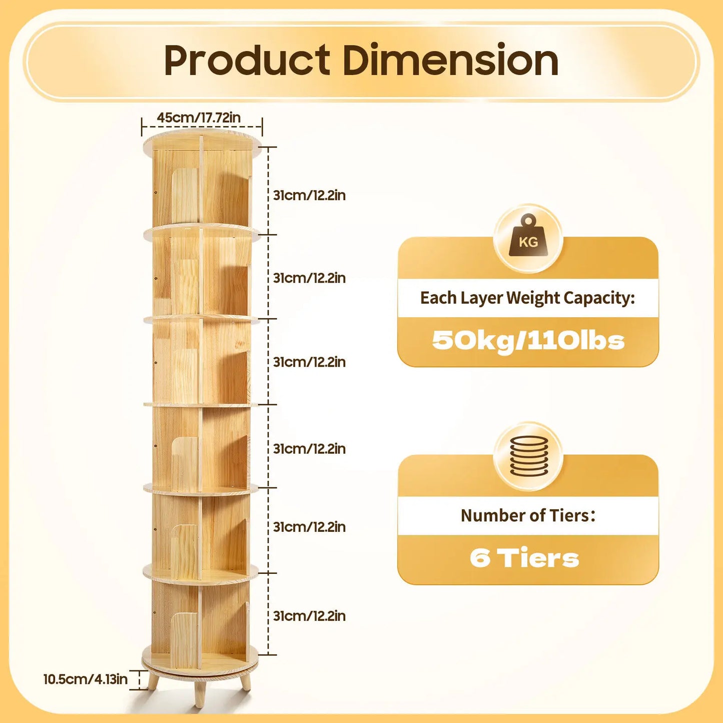 Rotating Pine Wood Bookshelf With Ample Storage For Home