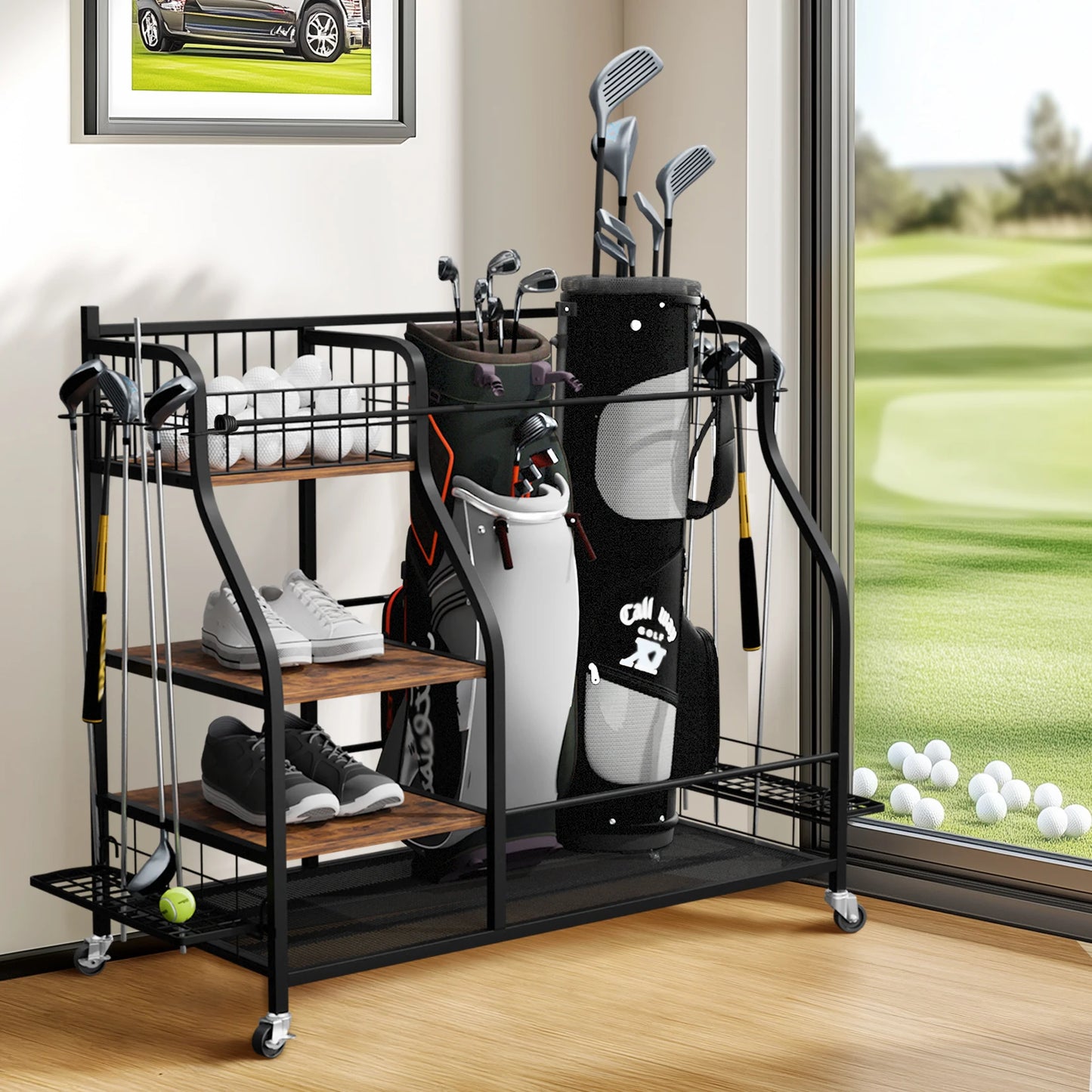 Triple Rolling Metal Golf Bag Storage Rack Organizer With Wheels