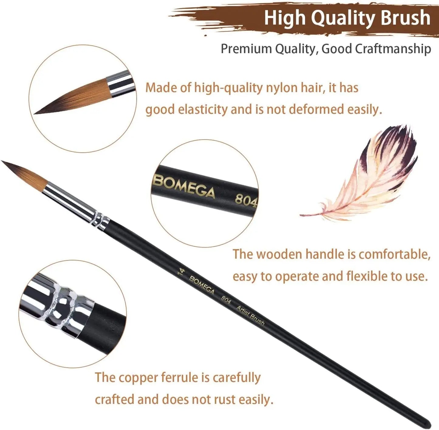 Professional Round Watercolor Paint Brushes Wood Handle Nylon Bristles