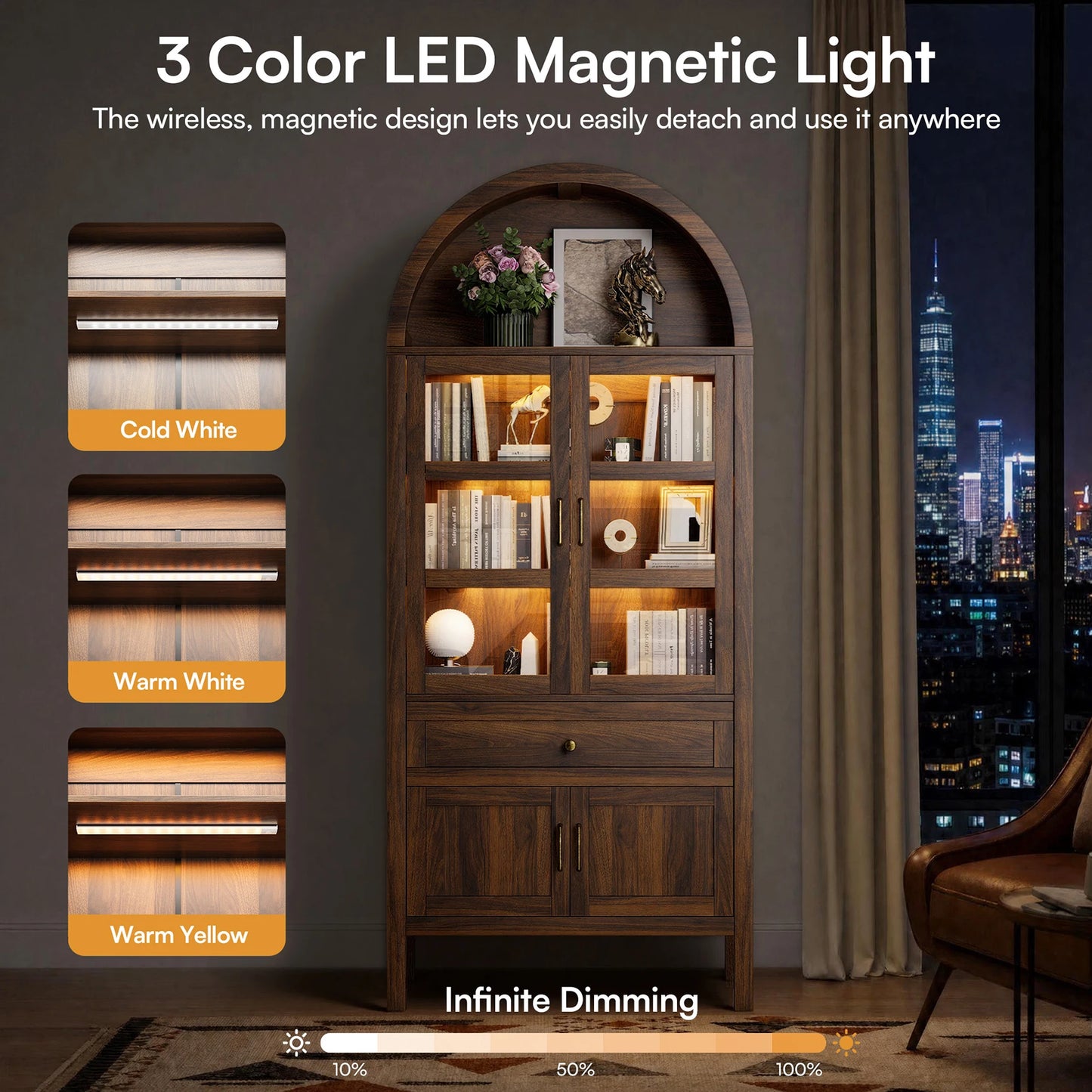 Cottinch Arched Wood Cabinet Featuring Led Lights And Adjustable Shelves