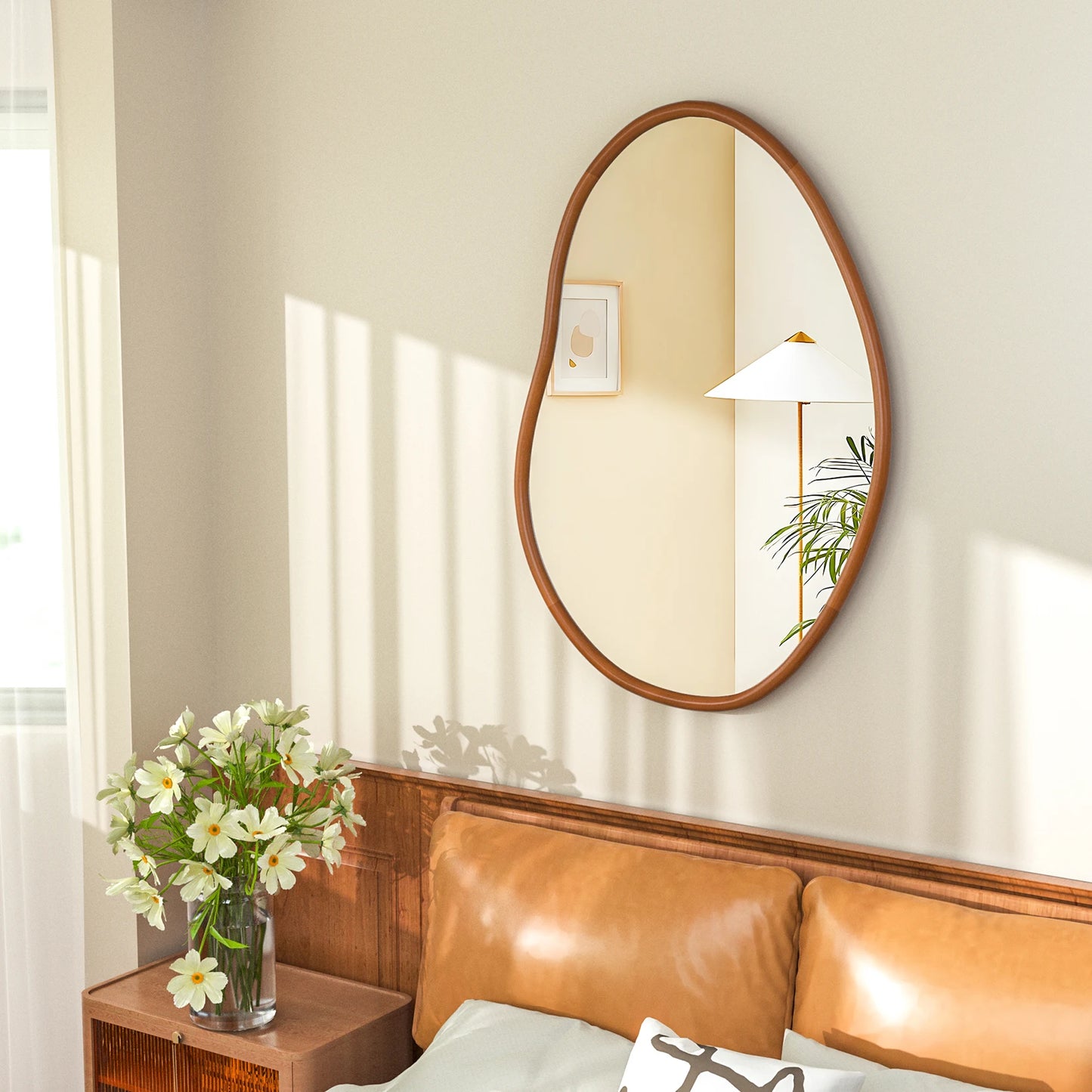 Mid Century Asymmetrical Wood Frame Wall Mirror Decorative Accent