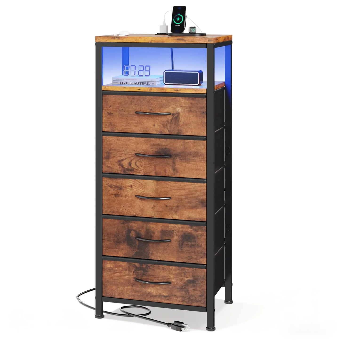 JHK Five Drawer Metal Dresser With LED Strips And Charging Ports