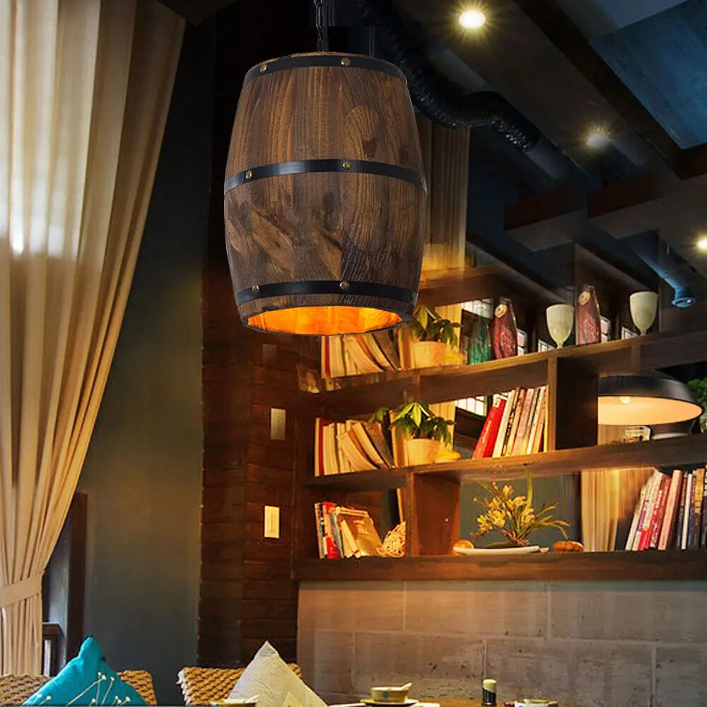 Vintage Wood Wine Barrel Pendant Ceiling Light For Cafe Bar