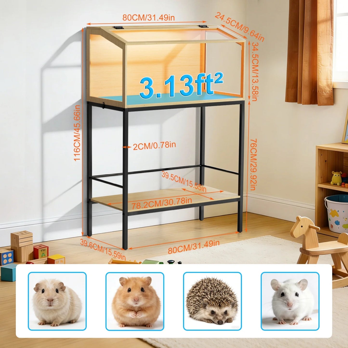 Wooden Hamster Cage With Tempered Glass And Storage Shelf