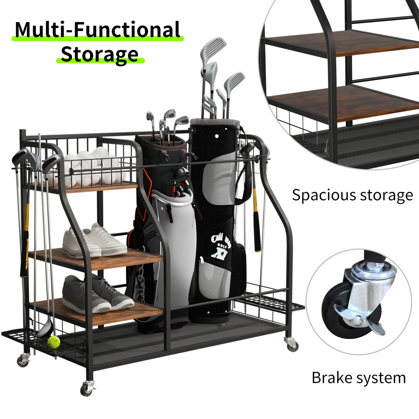 Triple Rolling Metal Golf Bag Storage Rack Organizer With Wheels