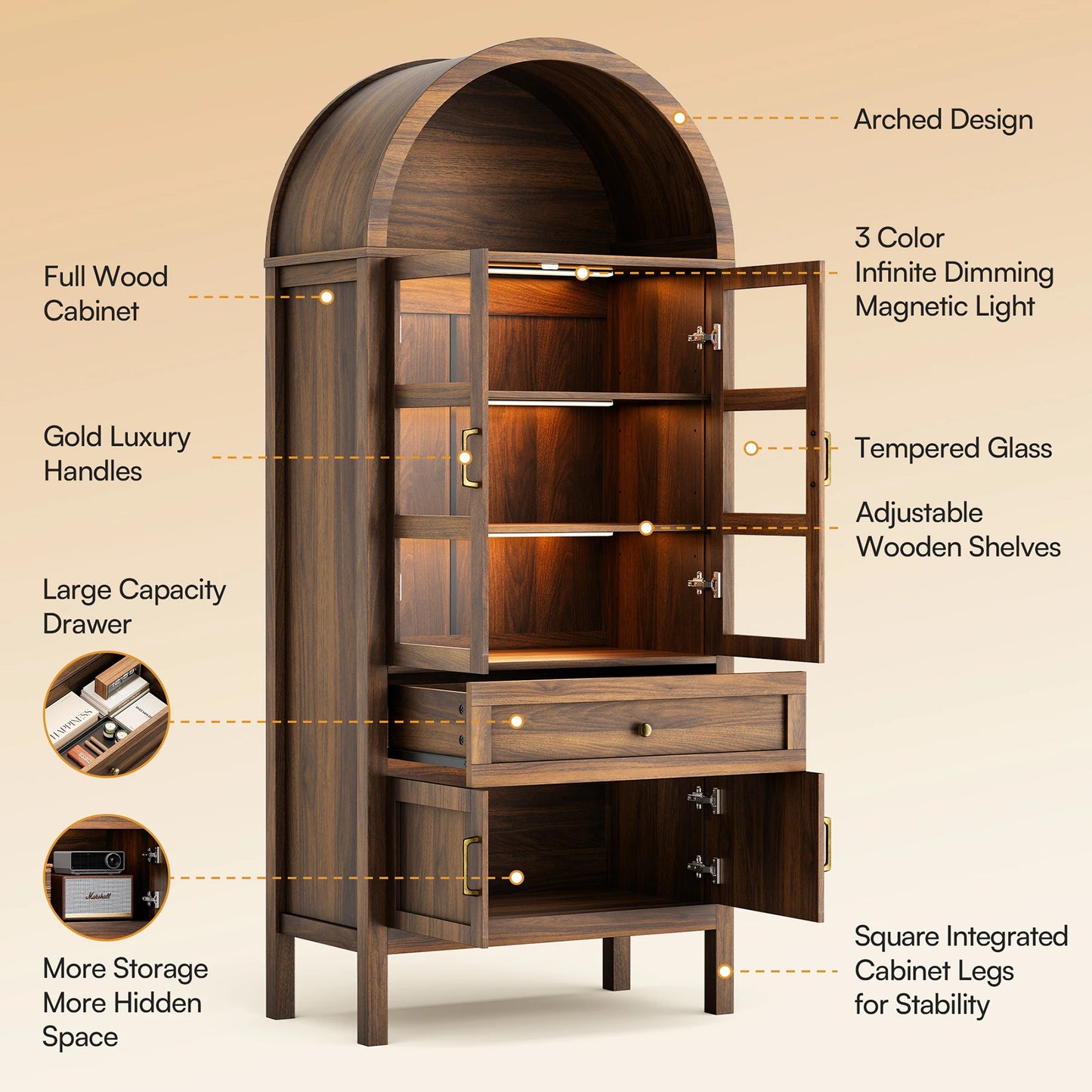 Cottinch Arched Wood Cabinet Featuring Led Lights And Adjustable Shelves
