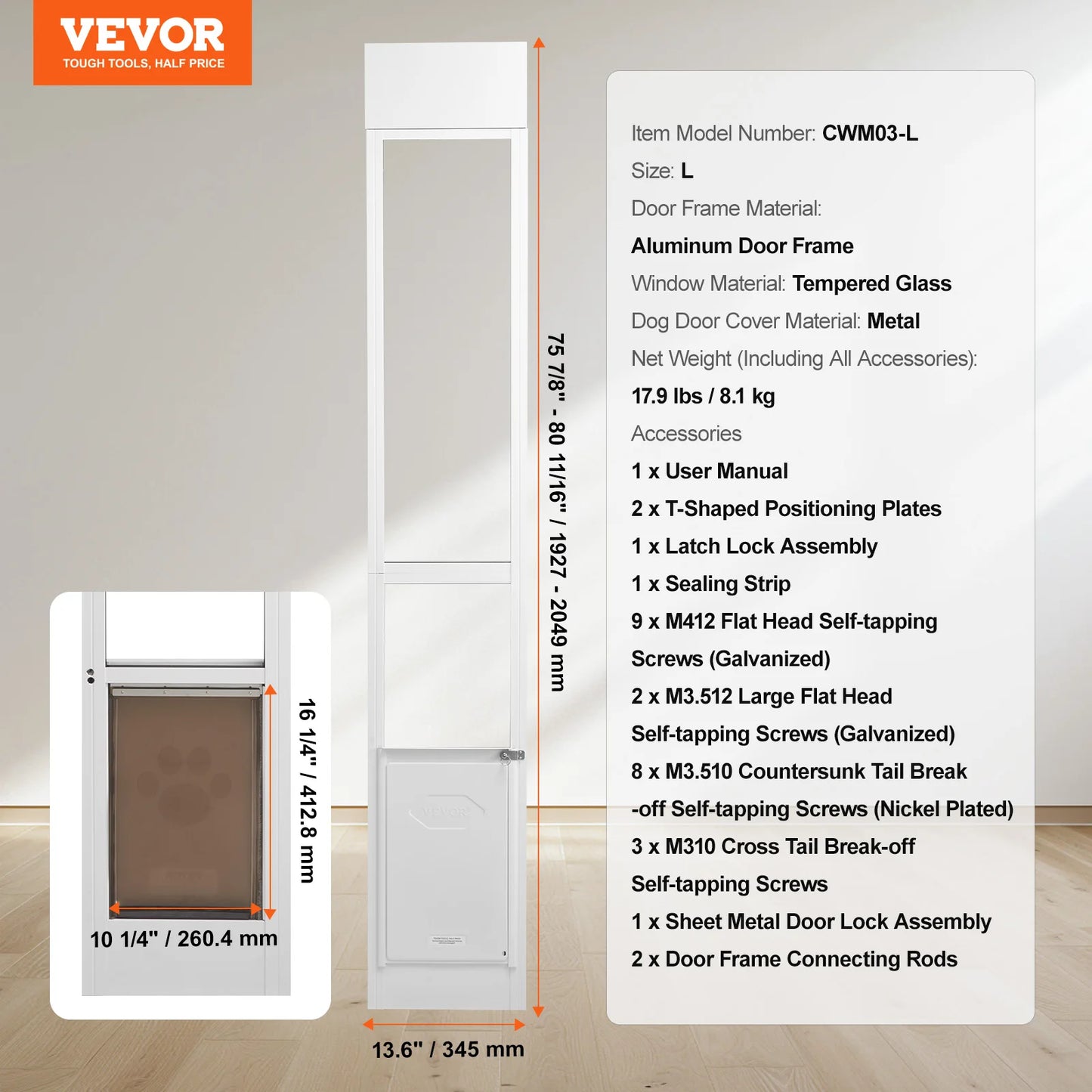 Adjustable Aluminum Sliding Dog Door With Tempered Glass Frame