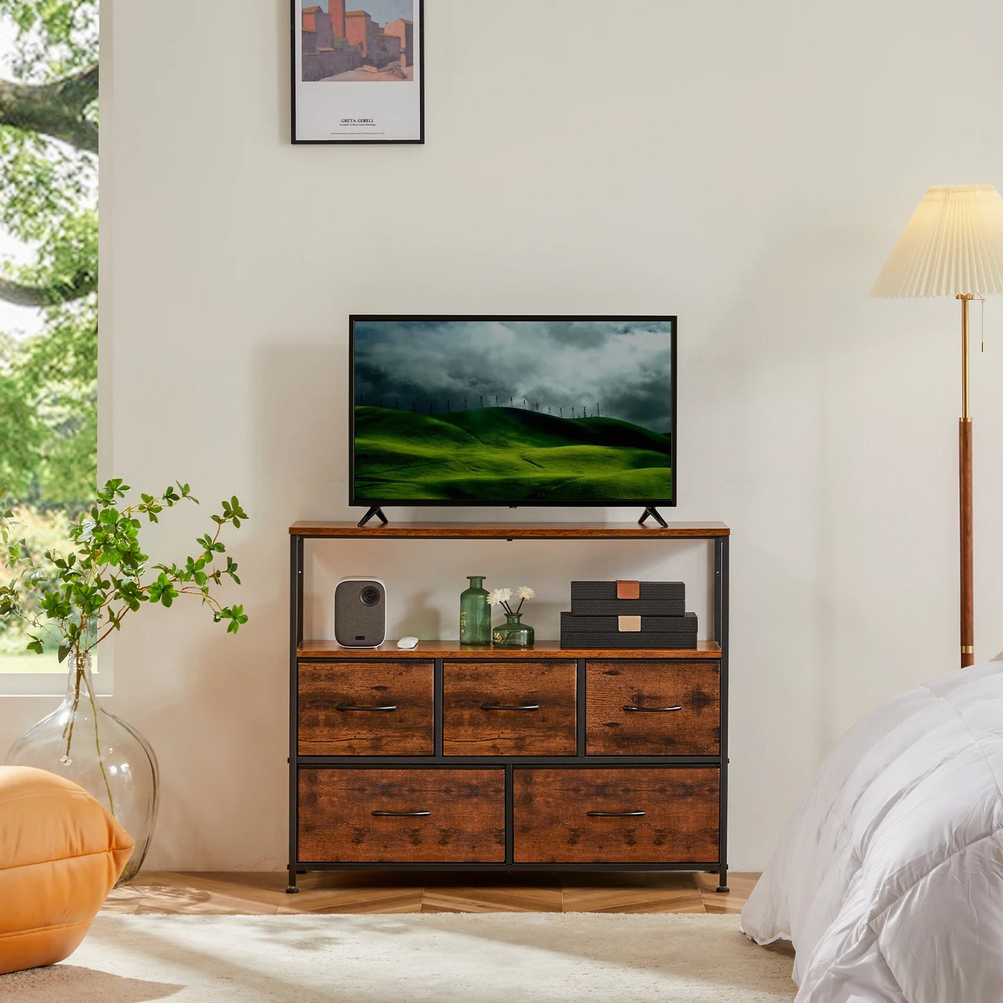 JHK Modern Metal Fireplace TV Stand With Fabric Drawers