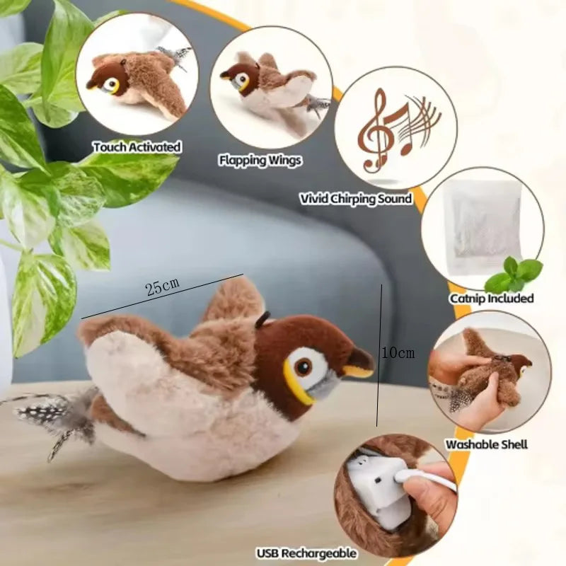 Interactive Touch Activated Chirping Flapping Bird Plush Cat And Dog Toy