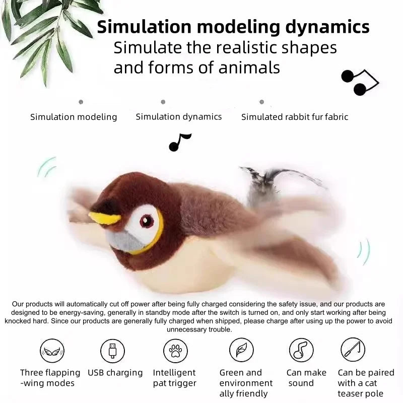 Interactive Touch Activated Chirping Flapping Bird Plush Cat And Dog Toy
