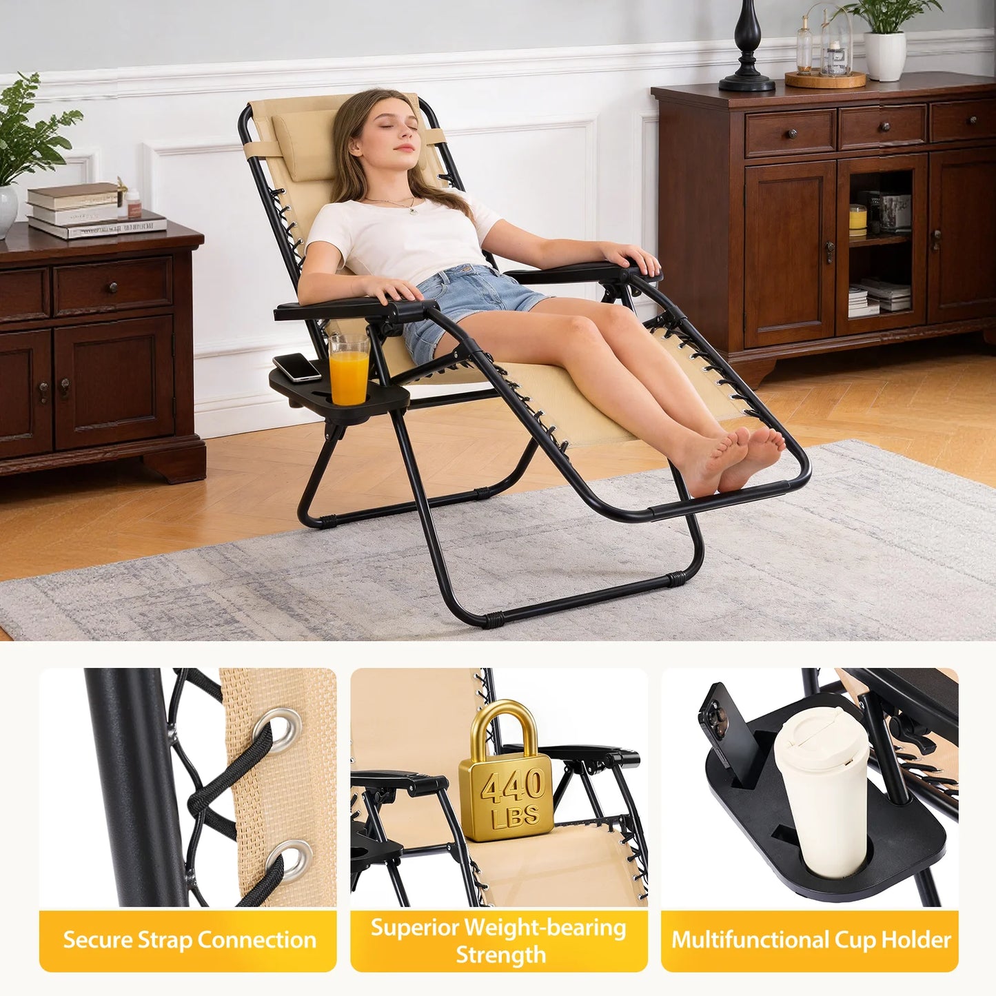 JHK Zero Gravity Outdoor Folding Recliner With Cup Holder