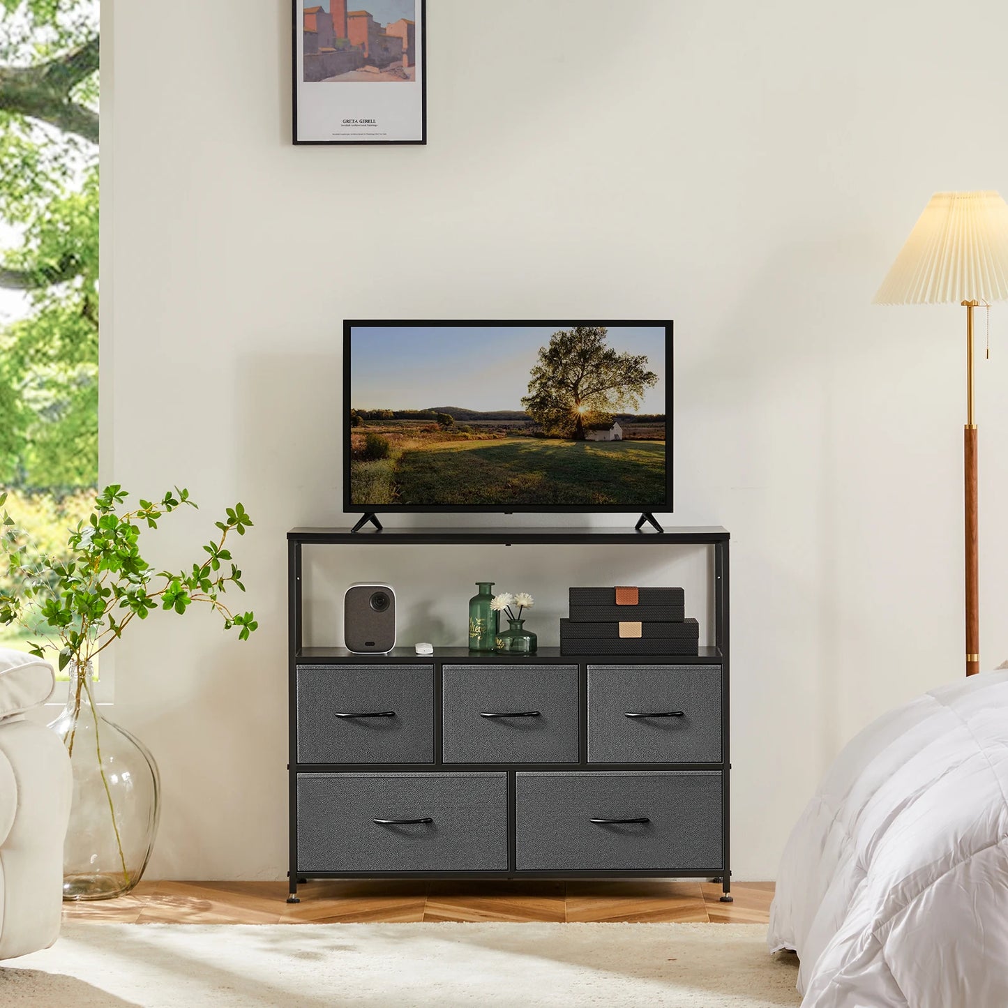 JHK Modern Metal Fireplace TV Stand With Fabric Drawers