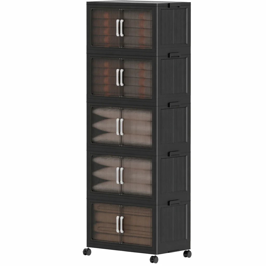 Five Tier Foldable Storage Cabinet With Wheels And Double Doors