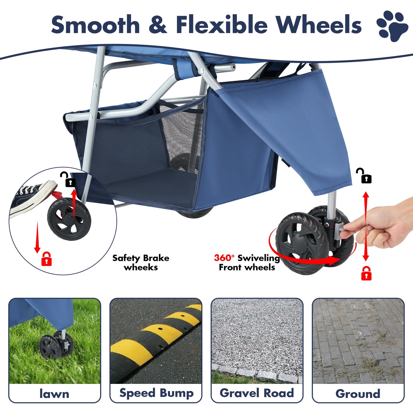 Foldable Pet Stroller With Three Shock Absorbing Wheels And Basket
