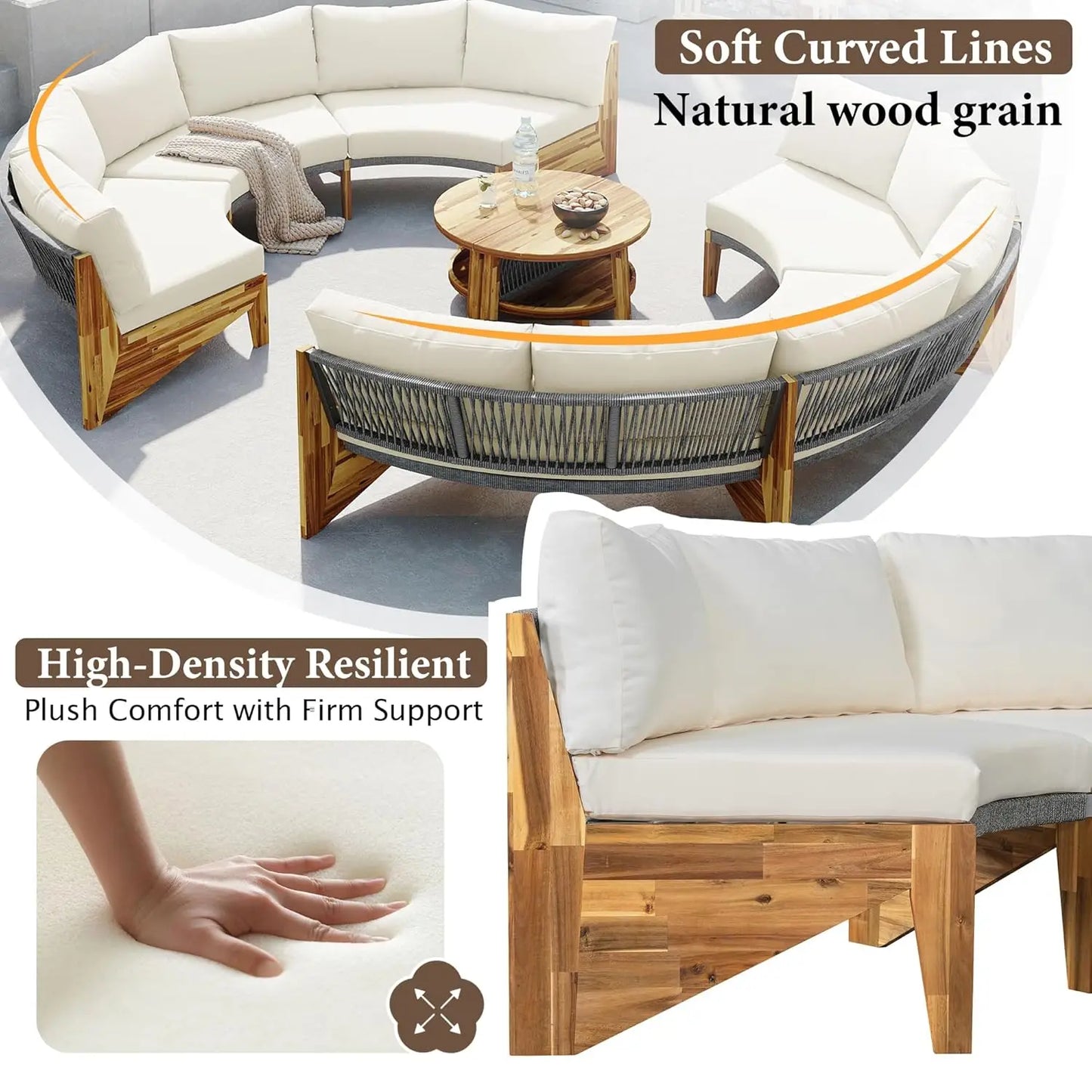 Acacia Wood Half Moon Outdoor Sofa Set With Coffee Table
