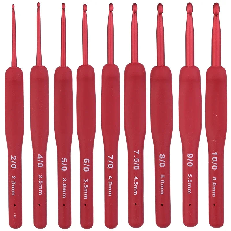9 Piece Red Aluminum Ergonomic Crochet Hook Set With Extended Handles