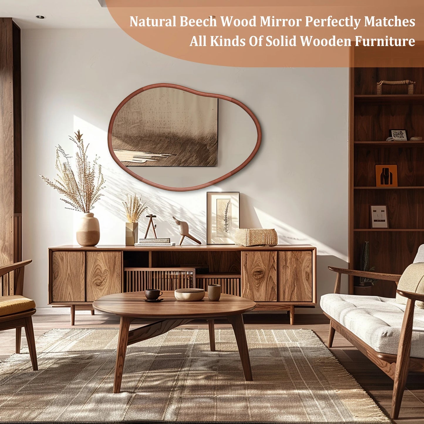 Mid Century Asymmetrical Wood Frame Wall Mirror Decorative Accent