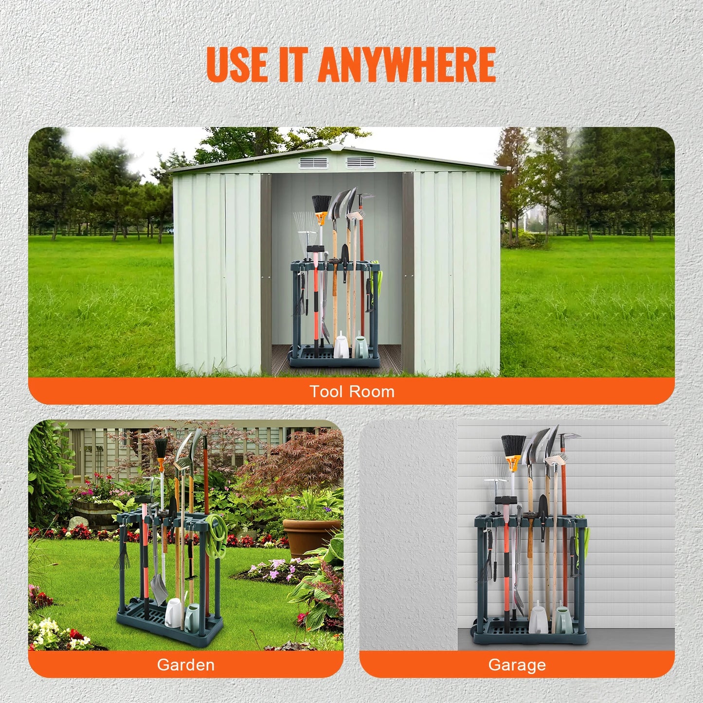 SucceBuy Ten Slot Freestanding Garden Tool Storage Rack
