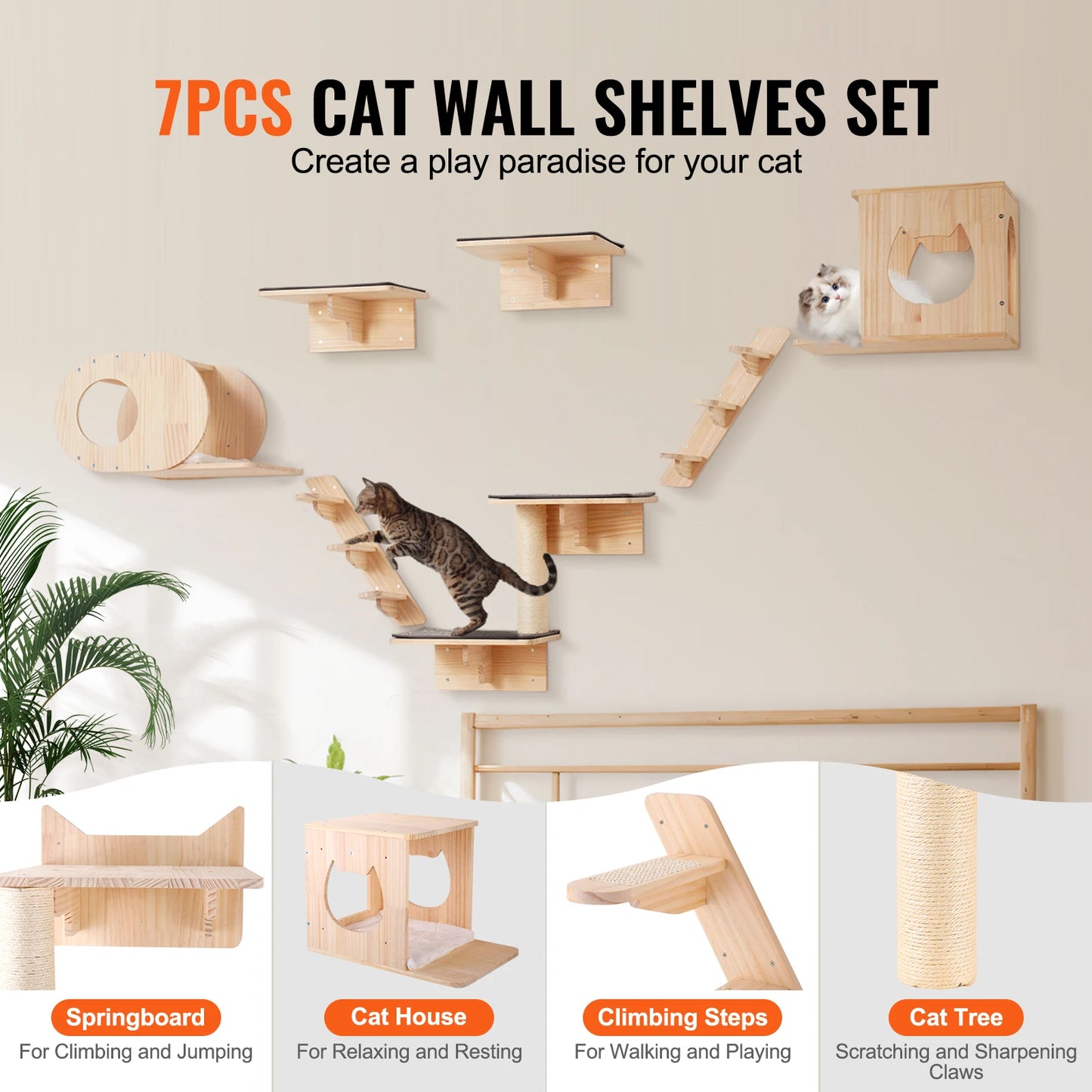 SucceBuy Wall Mounted Cat Shelves And Hammock Perch Tree