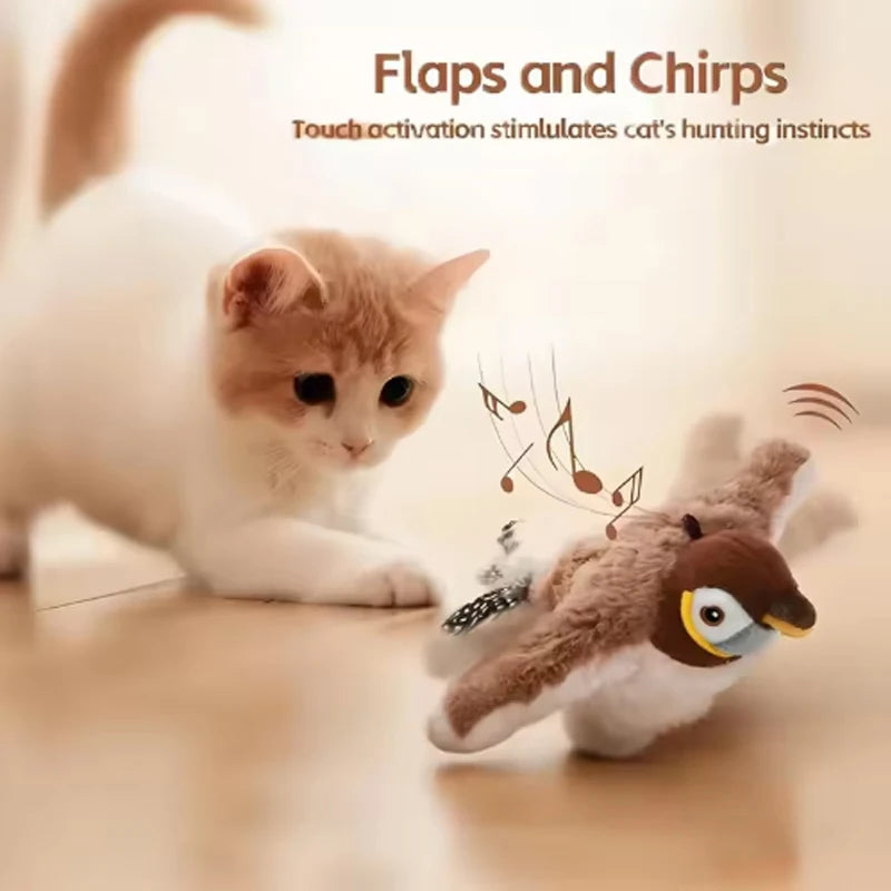 Interactive Touch Activated Chirping Flapping Bird Plush Cat And Dog Toy