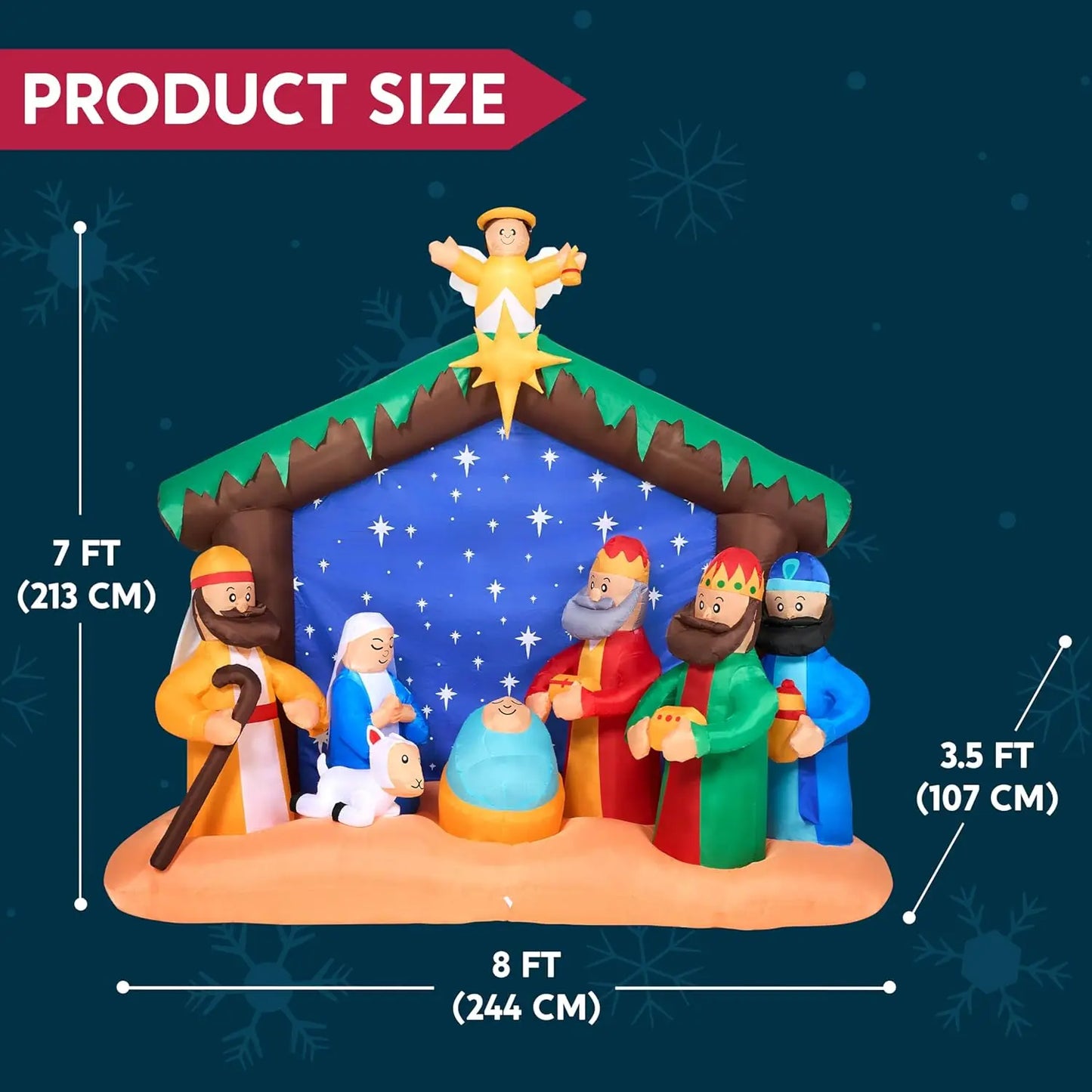 Joyfy 8ft Long Christmas Inflatables Nativity Scene With Build-In LEDs